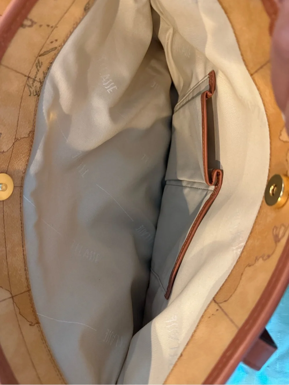 Alviero Martini Vintage Map Print Leather Laptop Tote in Tan